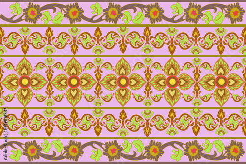 Classic fabric pattern light green, brown seamless geometric shapes pink background illustration border wallpaper. Vector, designseamless pattern