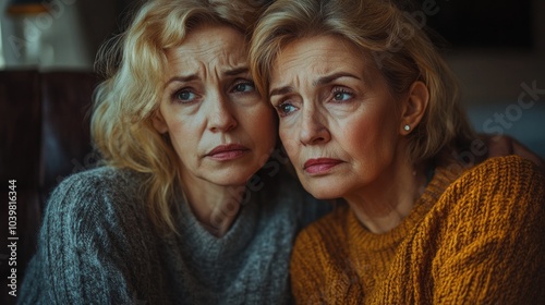 Two women are sitting on a couch, one of them is crying