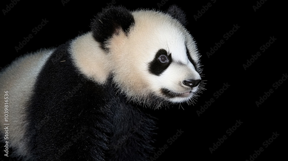 A cute baby panda with black and white fur, looking to the right side of the frame, isolated on a black background.