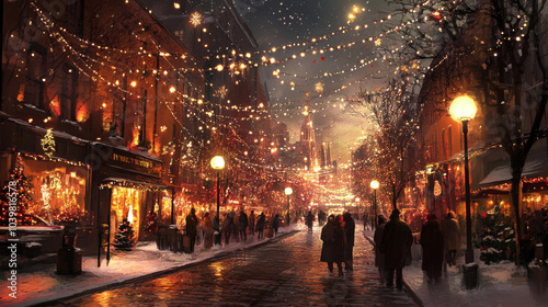 festive Christmas landscape of city street, adorned with twinkling lights and bustling with people enjoying holiday atmosphere. Snow gently blankets ground.