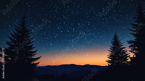 serene landscape at dusk features starry sky and silhouettes of pine trees, creating tranquil and captivating scene.