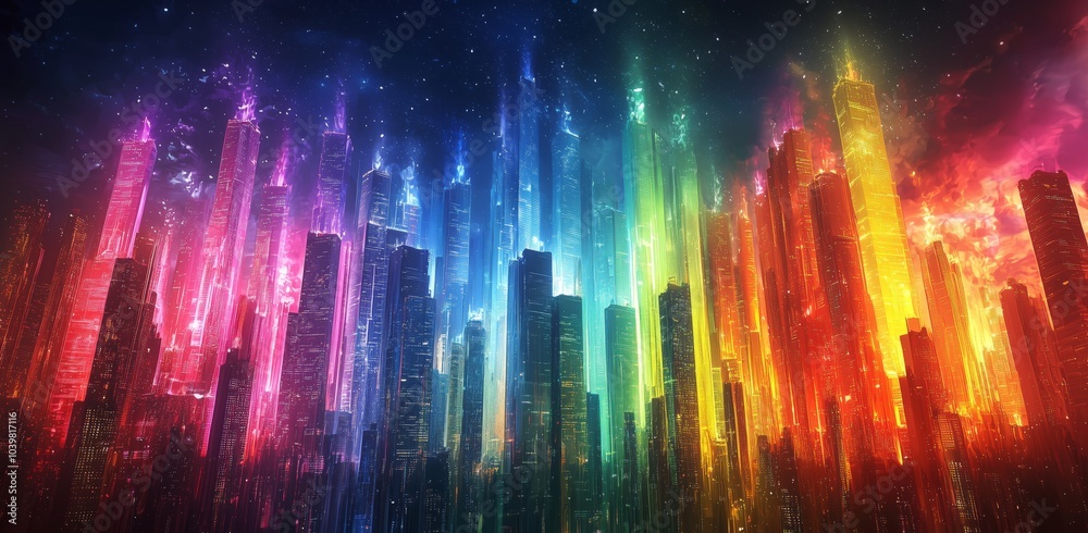 Vibrant Digital Landscape with Radiant Light Columns Vibrant Digital Landscape with Radiant Light Columns