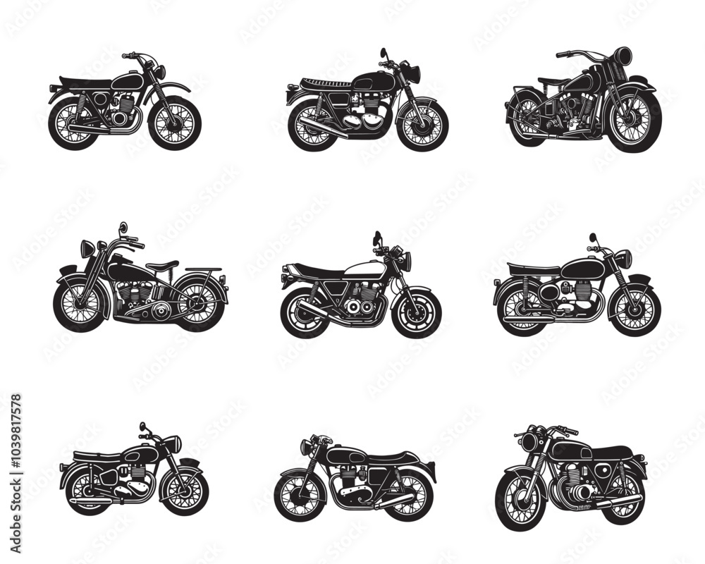 Naklejka premium Set of Classic Motorcycle Silhouettes Design - Motorcycle Vector illustration in black and white 