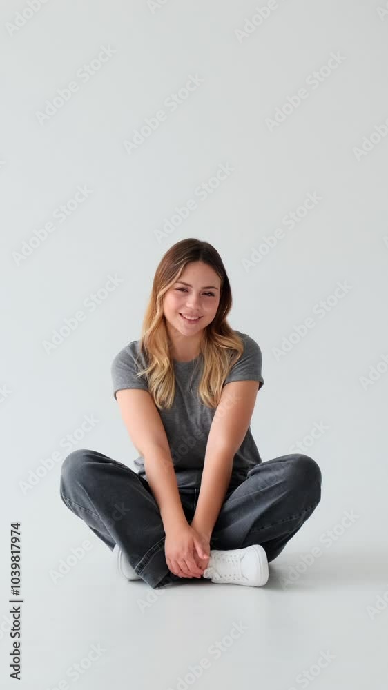 Portrait of an elegant young adult Caucasian woman witting in lotus pose on white background. Concept of a cheerful individuals. Vertical video. Portrait of an elegant young adult Caucasian woman witting in lotus pose on white background. Concept of a cheerful individuals. Vertical video.