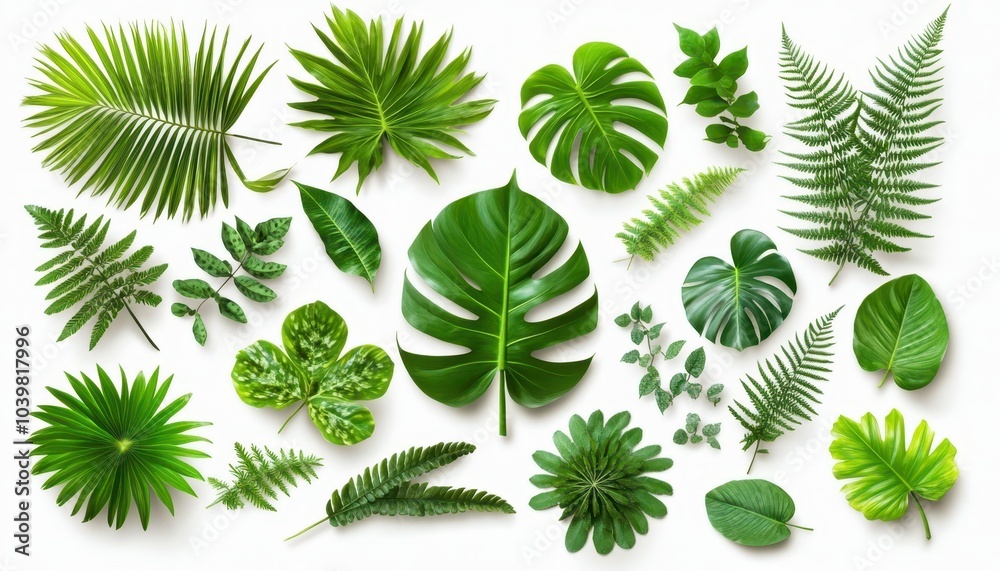 A vibrant collection of tropical leaves arranged artistically on a white background