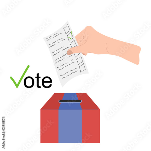 Hand is holding ballot and throwing it into the red and blue box. Every vote matters. Elections concept in USA 2024. Candidates agitation campaign. democracy, political banner. Hand drawn vector flat
