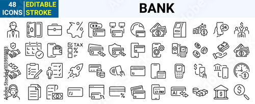set of 48 line web icons Bank and payment. Piggy Bank, Cash, Credit Cards, Money Bag, Currency Exchange. Editable stroke.