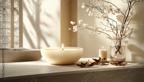 A tranquil moment with candles and flowers in a serene indoor setting