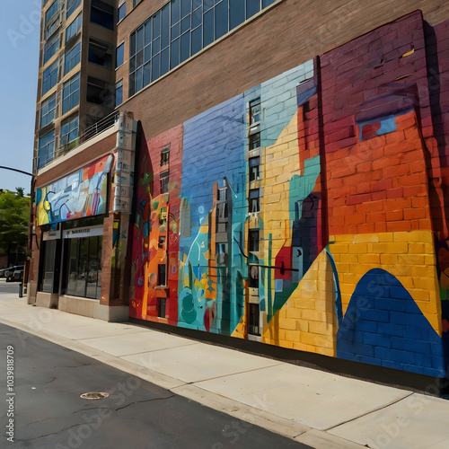 Finished murals in vibrant cityscapes highlight colorful artistry and cultural expression, photo