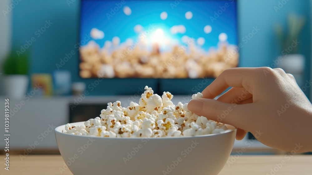 A close-up of a hand reaching for a bowl of popcorn while watching a movie on a TV screen in the background. A close-up of a hand reaching for a bowl of popcorn while watching a movie on a TV screen in the background.