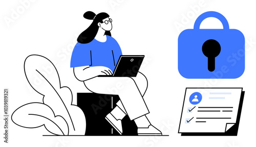 Woman using laptop, securing data with lock, next to document with checkmarks. Ideal for cybersecurity, online privacy, data protection, secure communication, remote work. Simple modern style