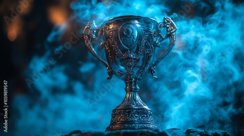 Gleaming silver trophy award illuminated by bluetoned light surrounded by swirling smoke in a dark environment capturing the essence of competition and victory in an atmospheric setting photo