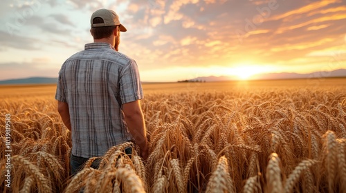 A man wearing a cap stands in a golden wheat field at sunset, exuding peace, reflection, and a deep connection to the natural landscape in the evening glow.