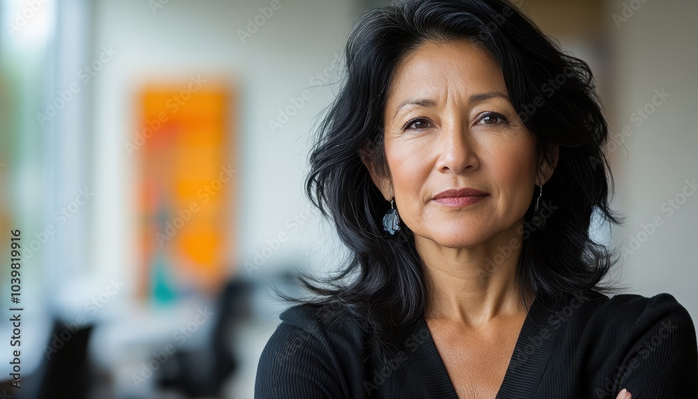 Confident woman in a black sweater poses indoors in a modern office setting Confident woman in a black sweater poses indoors in a modern office setting