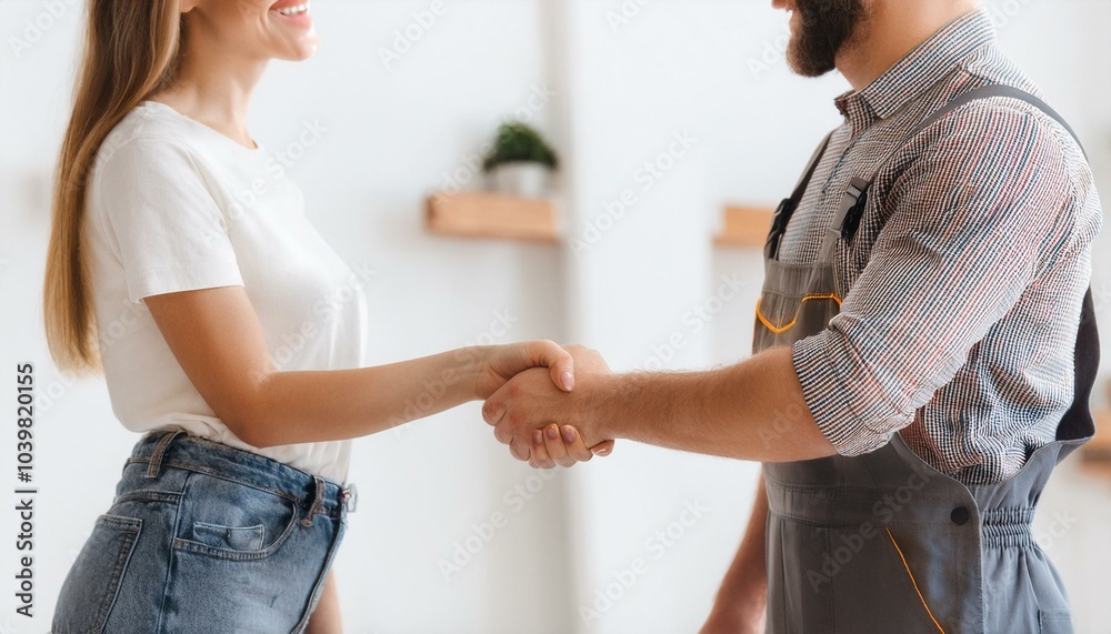 Obraz premium Repairman Shaking Hands With Happy Woman