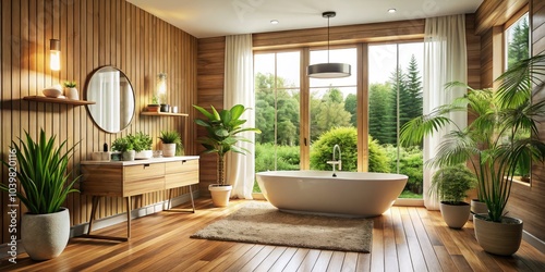 Wallpaper Mural Elegant Scandinavian Bathroom with Oak Wood Floors and Walls Featuring a Bathtub, Mirror, and Sink in a Minimalist Style Decor Torontodigital.ca