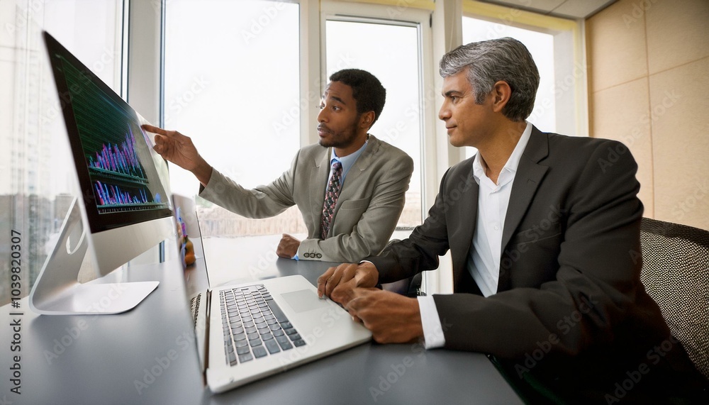 Two Businesspeople Examining Graph On Computer Two Businesspeople Examining Graph On Computer