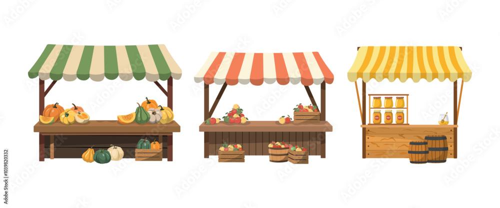 Fototapeta premium Farmers stalls set with farmers products. Flat vector illustration. Isolated on white background. Local food at the kiosk at the farmer's fair.