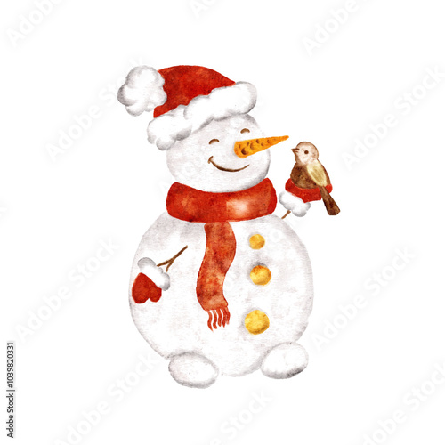 Watercolor cheerful snowman wearing a red hat and scarf holds a small bird in its hand during winter cut out from background
