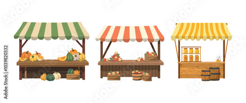 Farmers stalls set with farmers products. Flat vector illustration. Isolated on white background. Local food at the kiosk at the farmer's fair.