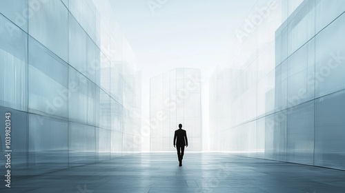 Minimalist Figure Walking Towards Modern Building