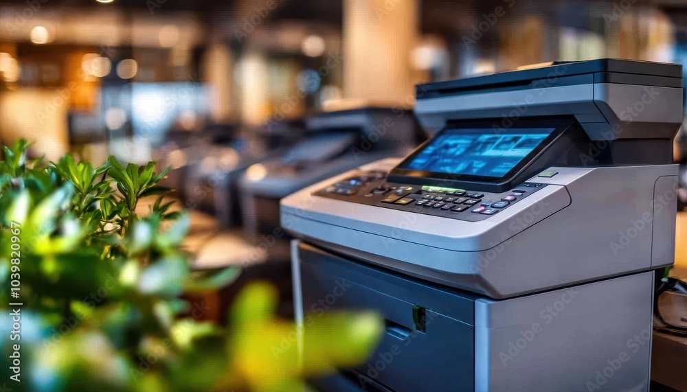 Modern multifunction printer in a bright office environment with greenery Modern multifunction printer in a bright office environment with greenery