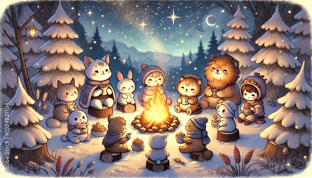 A cozy winter illustration with adorable animals enjoying a campfire meal under a starlit sky, infused with a gentle, storybook charm A cozy winter illustration with adorable animals enjoying a campfire meal under a starlit sky, infused with a gentle, storybook charm