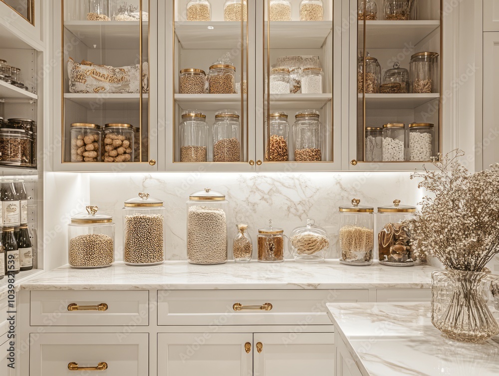 Design an elegant pantry with white cabinetry and gold hardware Design an elegant pantry with white cabinetry and gold hardware
