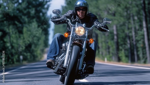 Motorcyclist cruising down a winding road surrounded by tall trees on a sunny day