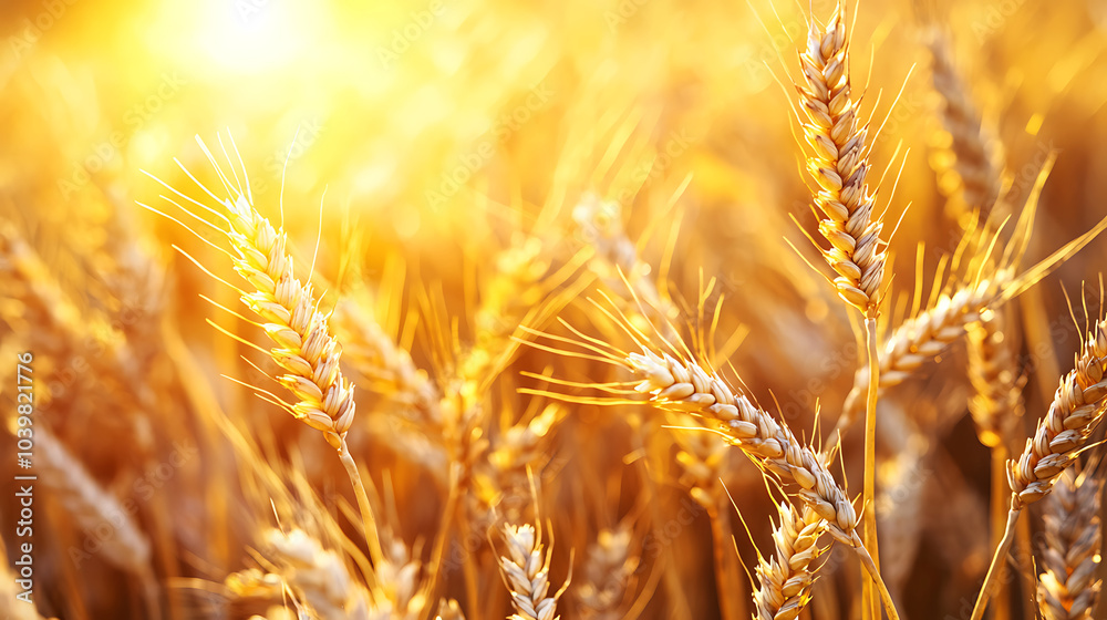 Close-up of golden wheat stalks bathed in warm sunlight, creating a peaceful and serene rural scene. Close-up of golden wheat stalks bathed in warm sunlight, creating a peaceful and serene rural scene.