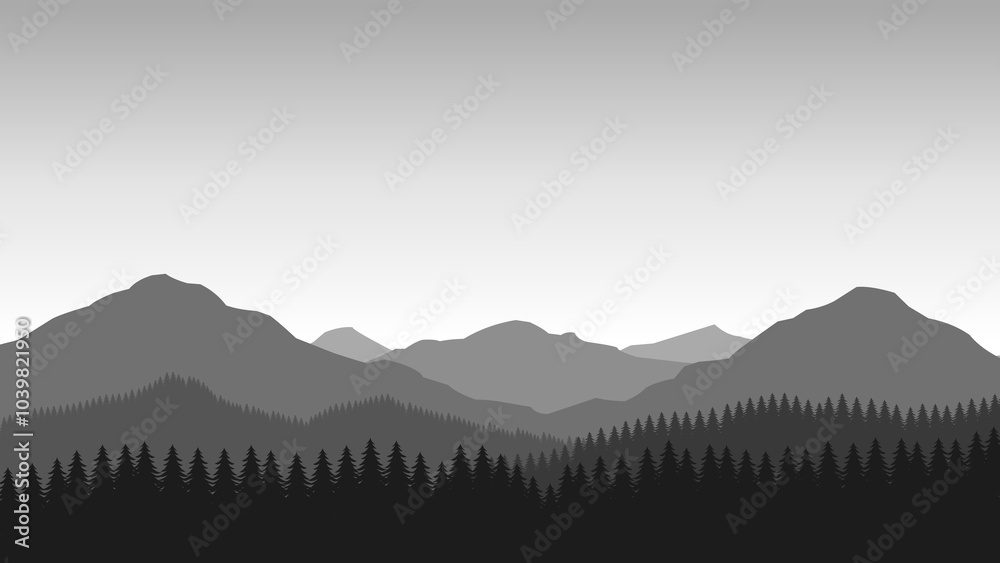 Grey mountain landscape wallpaper in a minimalist flat design style. Minimalist beauty background for desktop and wallpaper