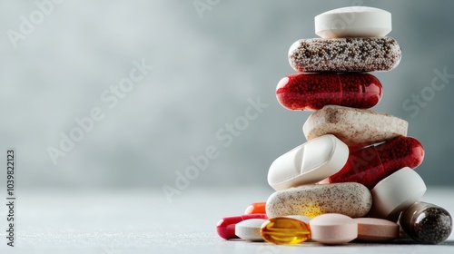 A colorful assortment of various pills stacked in a tower, representing different medications and supplements on a neutral, soft background for clarity. photo