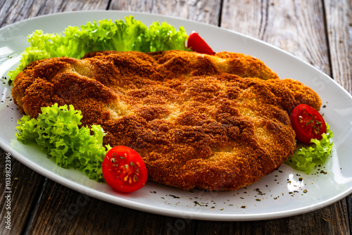 Crispy breaded fried pork chop and fresh vegetables on wooden table
