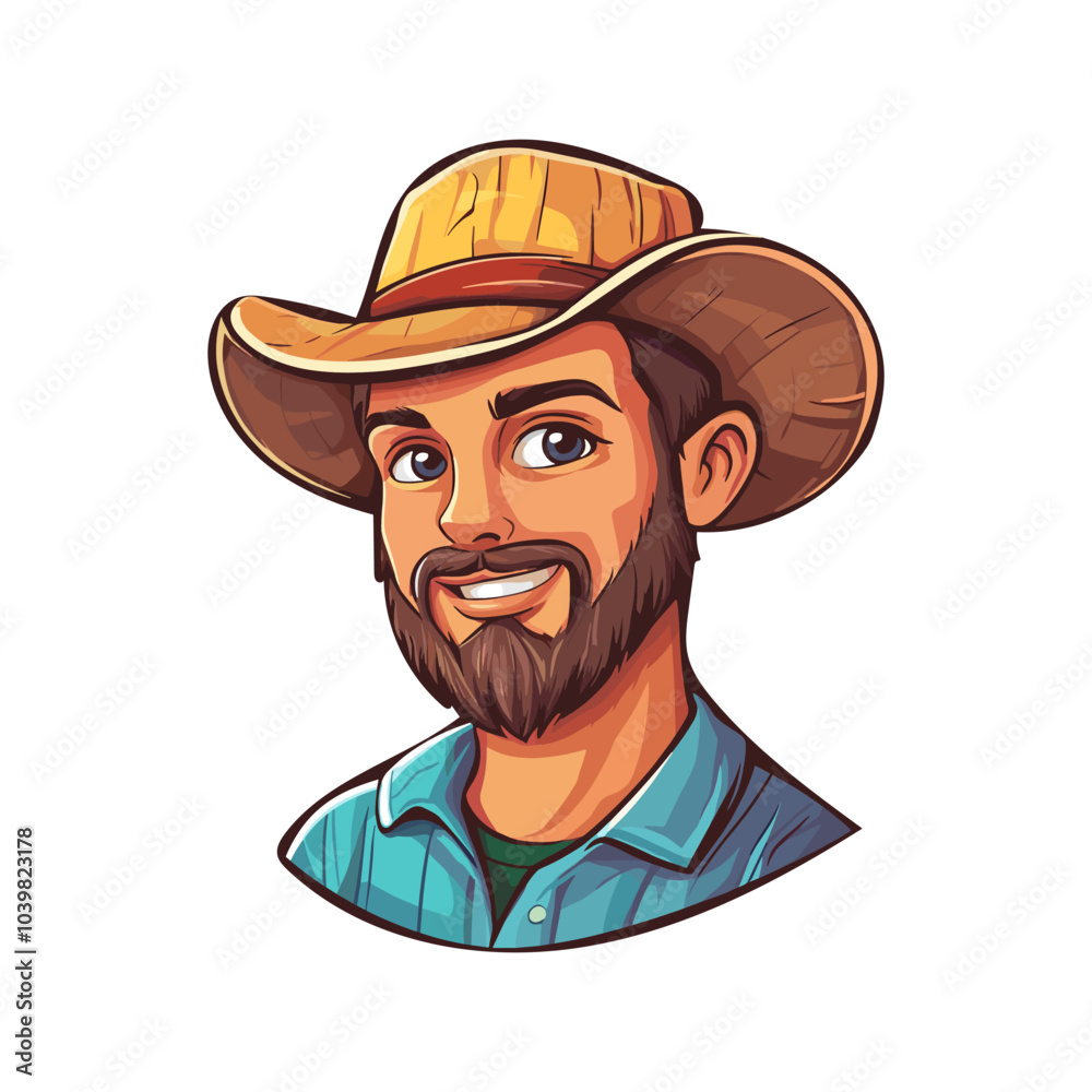 Cute young smiling guy farmer with a hat and beard. Agricultural worker harvesting. Vector gardener. Agricultural worker. Gardening, farming, professional occupation concept. young cowboy Cute young smiling guy farmer with a hat and beard. Agricultural worker harvesting. Vector gardener. Agricultural worker. Gardening, farming, professional occupation concept. young cowboy
