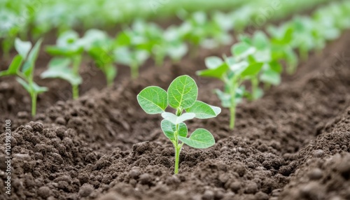 Newly sprouted plants emerge from rich soil in a flourishing agricultural field