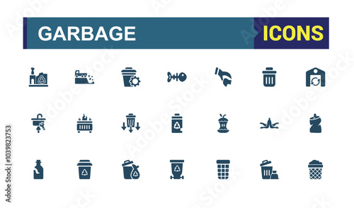 Garbage filled icons set. Including trash bin, compost, landfill, recycling, waste management, litter and more. Minimal solid icon collection.