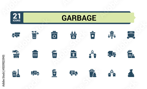 Garbage filled icons set. Including trash bin, compost, landfill, recycling, waste management, litter and more. Minimal solid icon collection.