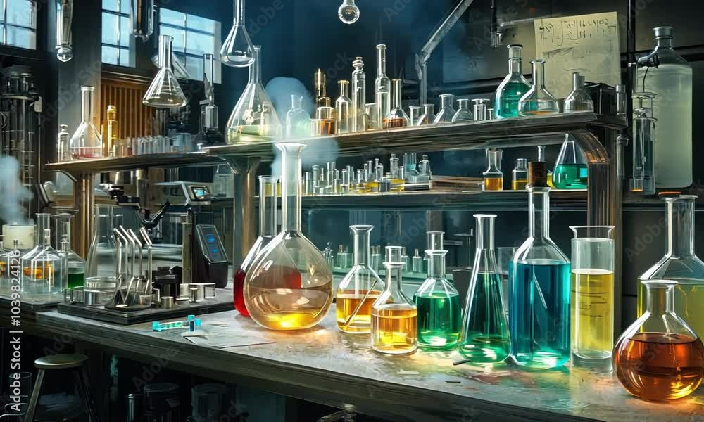 Laboratory Interior with Colorful Liquids