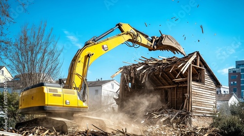 Yellow excavator destroying an old abandoned house during demolition