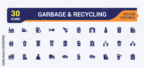 Garbage and recycling solid icons collection. Related to trash disposal, waste management, pollution control, eco-friendly practices. Filled vector icons set.