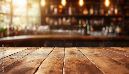 Rustic wooden table foreground with soft bar ambiance in the background at sunset