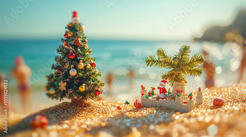 christmas, season, miniature, tropical, beach, sea, sun, summer, summer christmas, christmas tree, christmas decoration, village, gift, greeting, candle, design, art, soft light, holy night, celebrati photo