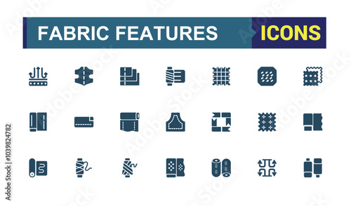 Set of solid Fabric features icons. Including to polyester, cotton, wool, linen, textile patterns, clothing, and weaving. Minimalist filled icon collection.