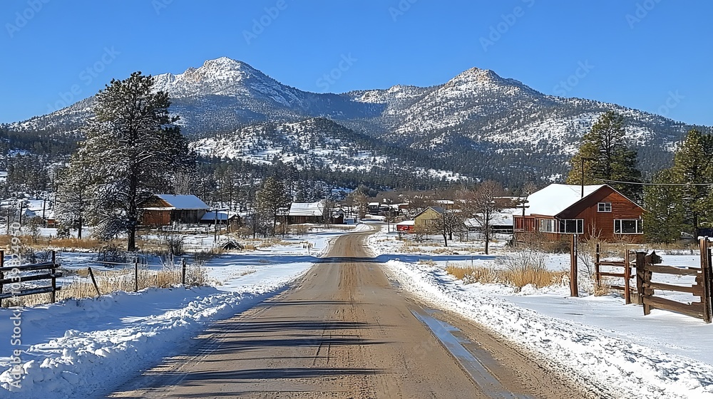 Fototapeta premium Scenic winter road trip with snowy mountains in the background and clear skies