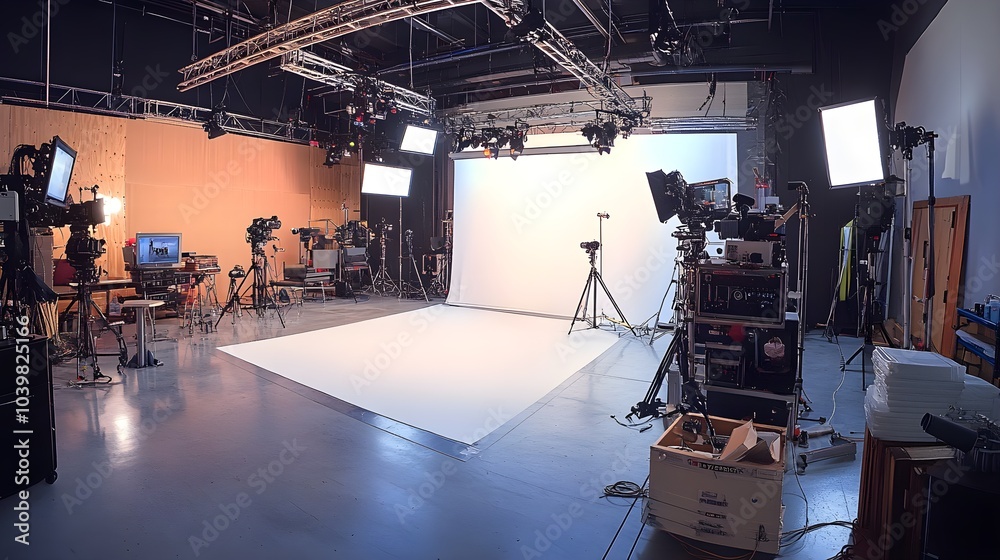 Modern photo studio setup, featuring cutting-edge digital cameras, multiple lighting rigs, and a versatile backdrop system, perfect for fashion and portrait shoots Modern photo studio setup, featuring cutting-edge digital cameras, multiple lighting rigs, and a versatile backdrop system, perfect for fashion and portrait shoots