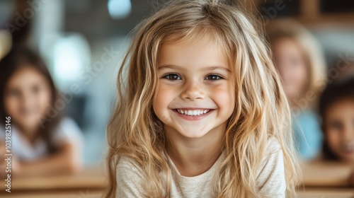 A cheerful young girl with long blonde hair smiling brightly in an indoor environment, surrounded by other people in a blurred background, exuding joy and warmth.