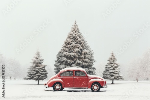 A red car with a Christmas tree vehicle nature plant.