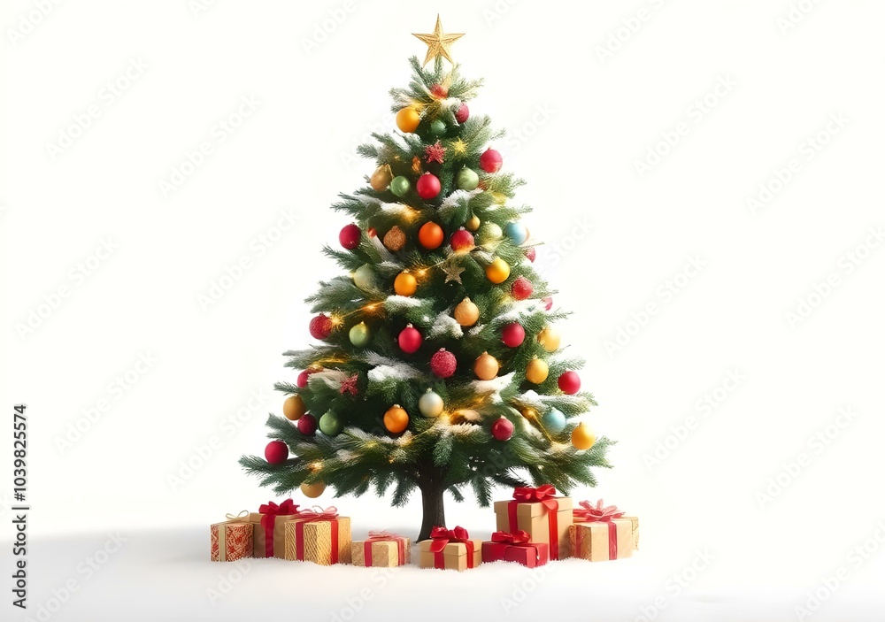 Christmas tree isolated on the white background, white snow, Christmas tree and Gift boxes.