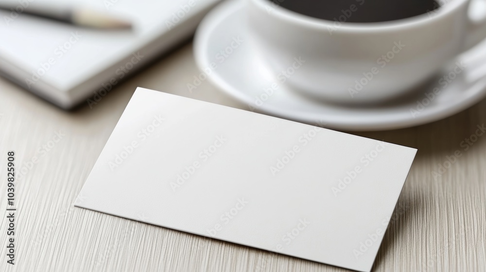 Blank White Business Card Mockup on Wooden Table with Coffee Cup Blank White Business Card Mockup on Wooden Table with Coffee Cup