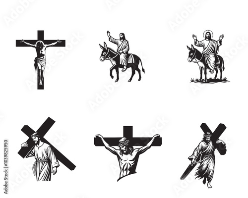 Jesus Christ ClipArt Design Bundle - Christian Jesus vector illustration in black and white
